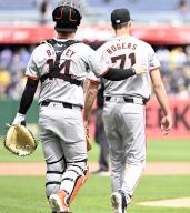 San Francisco Giants catcher Patrick Baily congratulates San Francisco Giants pitcher Tyler Rogers (71) following the 7-6 win against the Pittsburgh Pirates at PNC Park on Thursday May 23, 2024 in Pittsburgh. Photo by Archie Carpenter