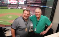 Chicago Cubs broadcasters Pat Hughes (R) and .Ron Coomer have a photograph made before the Chicago Cubs - St. Louis Cardinals baseball game at Busch Stadium in St. Louis on Friday, May 24, 2024. Photo by Bill Greenblatt