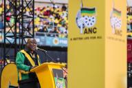 President Cyril Ramaphosa speaks during the final African National Congress rally before the South African national elections at FNB Stadium in Soweto, South Africa on May 25, 2024. South Africans go to the polls on May 29, 2024 to vote in the most crucial election since the end of Apartheid in 1994. The ANC faces the prospect of loosing a long held majority in South Africa that it has enjoyed since the end of the Apartheid system. High unemployent and escalating crime are among the major factors imoacting voters during this election cycle. Photo by Jemal Countess