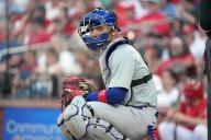 Chicago Cubs Catcher Miguel Amaya looks into the dugout for the pitch in the third inning against the St. Louis Cardinals at Busch Stadium in St. Louis on Saturday, May 25, 2024. Photo by Bill Greenblatt