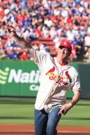 U.S. Senator Eric Schmitt (R-Mo) throws a ceremonial first pitch before the Chicago Cubs-St. Louis Cardinals baseball game at Busch Stadium in St. Louis on Saturday, May 25, 2024. Photo by Bill Greenblatt