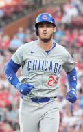 Chicago Cubs Cody Bellinger runs back to the dugout after flying out in the fourth inning against the St. Louis Cardinals at Busch Stadium in St. Louis on Saturday, May 25, 2024. Photo by Bill Greenblatt