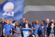 John Steenhuisen, leader of the Democratic Alliance is joined onstage with members of the Democratic Alliance (DA) to sing South Africa