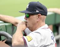 Atlanta Braves manager Brian Snitker (43) looks out from the dugout during the Braves 8-1 win against the Pittsburgh Pirates at PNC Park on Sunday May 26, 2024 in Pittsburgh. Photo by Archie Carpenter
