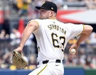 Pittsburgh Pirates pitcher Hunter Stratton (63) throws in the seventh inning of the Pirates 8-1 lost to the Atlanta Braves at PNC Park on Sunday May 26, 2024 in Pittsburgh. Photo by Archie Carpenter