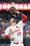 St. Louis Cardinals third baseman Nolan Arenado makes the catch for an out on a ball off the bat of Chicago Cubs Cody Bollinger in the first inning at Busch Stadium in St. Louis on Sunday, May 26, 2024. Photo by Bill Greenblatt
