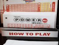 Powerball lottery ticket cards are on a rack at a gas station in Houston, Texas on Friday, November 4, 2022. The Powerball jackpot reached an estimated $1.6 billion on Friday, making it the largest jackpot ever. Photo by John Angelillo