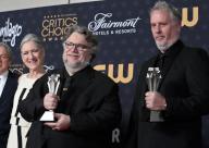 (L-R) Guillermo del Toro and Mark Gustafson appear backstage with their award for Best Animated Feature award for "Guillermo del Toro
