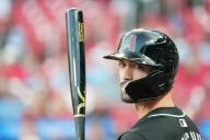 Arizona Diamondbacks Randall Grichuk, looks back to his dugout from the on deck circle as he waits to bat against the St. Louis Cardinals in the second inning at Busch Stadium in St. Louis on Tuesday, April 23, 2024. Photo by Bill Greenblatt