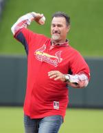 Former St. Louis Cardinals pitcher Jeff Suppan throws a ceremonial first pitch before a game between the Arizona Diamondbacks and St. Louis Cardinals at Busch Stadium in St. Louis on Tuesday, April 23, 2024. Photo by Bill Greenblatt