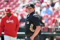 Home plate umpire D. J. Reyburn waits at home pate for representatives from the Arizona Diamondbacks and the St. Louis Cardinals to trade lineup cards before their game at Busch Stadium in St. Louis on Wednesday, April 24, 2024. Photo by Bill Greenblatt