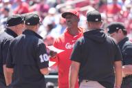 Umpires exchange line up cards with Arizona Diamondbacks manager Corey Lovullo and St. Louis Cardinals former centerfielder Willie McGee before their game at Busch Stadium in St. Louis on Wednesday, April 24, 2024. Photo by Bill Greenblatt