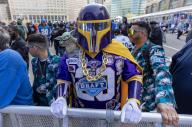 Chris Contreras of California wears his Vikings Stormtrooper outfit in the front row at the 2024 NFL Draft at Campus Martius Park and Hart Plaza in Detroit, Michigan on April 25, 2024. Photo by Rena Laverty