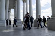 A military honor guard carries the urn of retired U.S. Army Col. Ralph Puckett Jr. upon his arrival at the U.S. Capitol in Washington, D.C., where he will lie in honor on Monday, April 29, 2024. Puckett, the last surviving veteran of the Korean War to receive the Medal of Honor, passed away at the age of 97 on April 8, 2024 in Columbus, Ga. Pool photo by Greg Nash