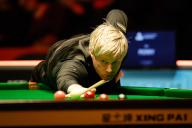VCG111477692827 BERLIN, GERMANY - FEBRUARY 01: Neil Robertson of Australia plays a shot in the third round match against Joe Perry of England on day four of 2024 BetVictor German Masters at Tempodrom on February 1, 2024 in Berlin, Germany. (Photo by Tai Chengzhe/VCG 