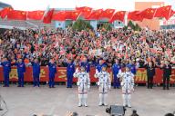 VCG111492948564 ALXA, CHINA - APRIL 25: (L-R) Chinese astronauts Li Guangsu, Li Cong and Ye Guangfu of the Shenzhou-18 crewed space mission attend a see-off ceremony at the Jiuquan Satellite Launch Center on April 25, 2024 in Alxa League, Inner Mongolia Autonomous Region of China. A see-off ceremony for three Chinese astronauts of the Shenzhou-18 crewed space mission was held on April 25. (Photo by VCG\/VCG