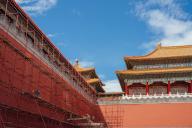 VCG111397129471 BEIJING, CHINA - AUGUST 19: Labours carry out renovation work on the Meridian Gate (Wumen) in the Forbidden City on August 19, 2022 in Beijing, China. (Photo by VCG
