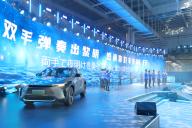 VCG111412139937 TIANJIN, CHINA - NOVEMBER 28: A Toyota bZ4X electric SUV, also the 10 millionth vehicle produced by FAW Toyota Motor Co., Ltd, rolls off the assembly line at a new energy vehicle (NEV) plant on November 28, 2022 in Tianjin, China. (Photo by VCG
