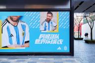 VCG111414112264 BEIJING, CHINA - DECEMBER 10: A billboard featuring Argentine soccer star Lionel Messi, which aims to advertise for Adidas jerseys, is seen at Tai Koo Li shopping plaza on December 10, 2022 in Beijing, China. (Photo by VCG