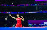 VCG111493151428 CHENGDU, CHINA - APRIL 27: Li Shifeng of Team China competes in the Men\'s Singles first round match against Jacob Schueler of Team Australia on day one of BWF Thomas & Uber Cup Finals 2024 at High-tech Zone Sports Center Gymnasium on April 27, 2024 in Chengdu, Sichuan Province of China. (Photo by VCG\/VCG