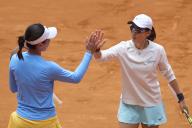 VCG111493935005 MADRID, SPAIN - MAY 01: Wang Xinyu and Zheng Saisai of China react in the Women\'s Doubles Quarterfinals match against Cristina Bucsa and Sara Sorribes Tormo of Spain on day nine of Mutua Madrid Open 2024 at La Caja Magica on May 1, 2024 in Madrid, Spain. (Photo by VCG\/VCG