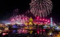 VCG111493890368 HUAI\'AN, CHINA - MAY 01: Fireworks light up night sky over the illuminated \'Journey to the West\' theme park on the first day of May Day holiday on May 1, 2024 in Huai\'an, Jiangsu Province of China. (Photo by Zhao Qirui\/VCG
