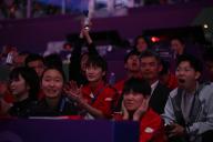 VCG111494514542 CHENGDU, CHINA - MAY 05: China\'s two-time Olympic badminton champion Lin Dan (CR) and Chinese badminton player Chen Yufei (CL) look on during the final match between China and Indonesia on day nine of BWF Thomas and Uber Cup Finals 2024 at High-tech Zone Sports Center Gymnasium on May 5, 2024 in Chengdu, Sichuan Province of China. (Photo by Chengdu Economic Daily\/VCG