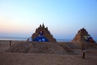 VCG111495027189 RIZHAO, CHINA - MAY 08: A sand sculpture featuring Sofia the First is seen at a sand art exhibition aera of Saeashore National Forest Park on May 8, 2024 in Rizhao, Shandong Province of China. (Photo by An Baiming\/VCG