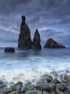 Portugal, Madeira, Ribeira da Janela, Long exposure of rocky coast and sea stacks