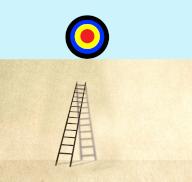 Ladder reaching to sports target lying on top of wall