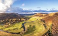 UK, Scotland,Â Aerial view of Shee Water river and surrounding hills in autumn