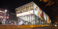 Germany, Dortmund, lighted German Football Museum at night