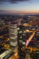 Germany, Hesse, Frankfurt, Cityview with silver tower in the evening