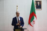 (240425) -- ALGIERS, April 25, 2024 (Xinhua) -- Said Rahmani, rector of Algiers 2 University, addresses the 23rd "Chinese Bridge" language competition for university students in Algeria in Algiers, Algeria, on April 25, 2024. The final round of the 23rd "Chinese Bridge" language competition for university students in Algeria was held on Thursday at Algiers 2 University. (Xinhua