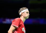 (240427) -- CHENGDU, April 27, 2024 (Xinhua) -- Viktor Axelsen of Denmark reacts in the singles match against Adel Hamek of Algeria during the group D match between Denmark and Algeria at BWF Thomas Cup Finals in Chengdu, southwest China\'s Sichuan Province, April 27, 2024. (Xinhua\/Hou Zhaokang