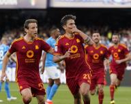 (240429) -- NAPLES, April 29, 2024 (Xinhua) -- Roma\'s Paulo Dybala (R front) celebrates his goal with teammates during the Serie A soccer match between Napoli and Roma in Naples, Italy, April 28, 2024. (Xinhua
