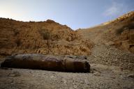 (240429) -- ARAD, April 29, 2024 (Xinhua) -- The debris of an intercepted Iranian missile is seen near the city of Arad, in southern Israel, on April 28, 2024. A combined attack of dozens of ballistic missiles and hundreds of drones from Iran triggered air raid alerts across Israel early on April 14. Israel Defense Forces (IDF) Spokesman Daniel Hagari confirmed during a press briefing that Israel was under attack by ballistic missiles and unmanned aerial vehicles from Iran, noting that aerial defense systems have intercepted some of the missiles. (Photo by Jamal Awad\/Xinhua