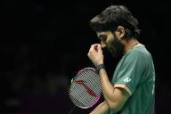 (240429) -- CHENGDU, April 29, 2024 (Xinhua) -- Kidambi Srikanth of India reacts in the singles match against Nadeem Dalvi of England during the group C match between India and England at BWF Thomas Cup Finals in Chengdu, southwest China\'s Sichuan Province, April 29, 2024. (Xinhua\/Chen Bin