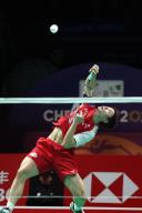 (240502) -- CHENGDU, May 2, 2024 (Xinhua) -- Shi Yuqi of China hits a return in the singles match against Prannoy H.S. of India during the quarterfinal between China and India at BWF Thomas Cup Finals in Chengdu, southwest China\'s Sichuan Province, May 2, 2024. (Xinhua\/Chen Bin