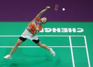 (240503) -- CHENGDU, May 3, 2024 (Xinhua) -- Ratchanok Intanon of Thailand competes in the singles match against Gregoria Mariska Tunjung of Indonesia during the quarterfinal between Indonesia and Thailand at BWF Uber Cup Finals in Chengdu, southwest China\'s Sichuan Province, May 3, 2024. (Xinhua\/Jia Haocheng