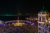 (240504) -- HARBIN, May 4, 2024 (Xinhua) -- A drone photo taken on May 3, 2024 shows a light show held at a square in Harbin, capital of northeast China\'s Heilongjiang Province. (Xinhua\/Zhang Tao