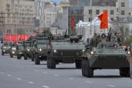 (240504) -- BEIJING, May 4, 2024 (Xinhua) -- Russian military vehicles drive along a street to attend a rehearsal for the Victory Day military parade in Moscow, Russia, on May 2, 2024. (Photo by Alexander Zemlianichenko Jr\/Xinhua