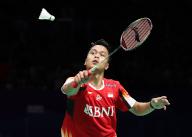 (240504) -- CHENGDU, May 4, 2024 (Xinhua) -- Anthony Sinisuka Ginting of Indonesia hits a return during the singles match against Chou Tien Chen of Chinese Taipei in the semifinal match at the BWF Thomas Cup Finals in Chengdu, southwest China\'s Sichuan Province, May 4, 2024. (Xinhua\/Jia Haocheng