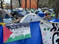 (240504) -- OTTAWA, May 4, 2024 (Xinhua) -- Pro-Palestinian demonstrators are seen in an encampment of tents in front of Tabaret Hall at the University of Ottawa in Ottawa, Canada, May 3, 2024. (Photo by Min Chen\/Xinhua