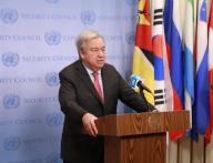 (240507) -- UNITED NATIONS, May 7, 2024 (Xinhua) -- UN Secretary-General Antonio Guterres speaks to the press outside the Security Council Chamber at the UN headquarters in New York, on May 7, 2024. As tensions continue to escalate in Gaza, Guterres on Tuesday once again called for Israel and Hamas to demonstrate "political courage" and work towards securing a ceasefire. (Xinhua\/Xie E