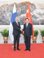 (240509) -- BEIJING, May 9, 2024 (Xinhua) -- Chinese State Councilor and Minister of Public Security Wang Xiaohong meets with Finnish National Police Commissioner Seppo Kolehmainen in Beijing, capital of China, May 8, 2024. (Xinhua\/Gao Jie
