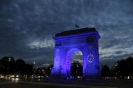 (240509) -- BUCHAREST, May 9, 2024 (Xinhua) -- The Arch of Triumph is illuminated in European Union