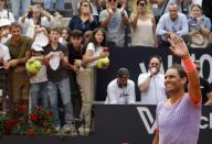 (240510) -- ROME, May 10, 2024 (Xinhua) -- Rafael Nadal of Spain celebrates after the men\'s singles 1st round match against Zizou Bergs of Belgium at the Men\'s ATP Rome Open tennis tournament in Rome, Italy, May 9, 2024. (Photo by A Erbeituo¡¤lingeliya\/Xinhua
