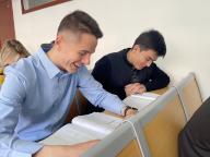 (240511) -- TIANJIN, May 11, 2024 (Xinhua) -- Markos Milan (L), a student from Hungary, learns Chinese at Tianjin University in north China
