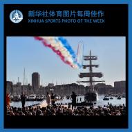 (240513) -- BEIJING, May 13, 2024 (Xinhua) -- XINHUA SPORTS PHOTO OF THE WEEK (from May 6 to May 12, 2024) TRANSMITTED on May 13, 2024. The three-masted ship Belem carrying the Olympic flame of Paris 2024 arrives at the Vieux-Port (Old Port) as the French Air Force elite acrobatic flying team "Patrouille de France" (PAF) flies over during a ceremony in Marseille, southern France, on May 8, 2024. (Photo by Julien Mattia/Xinhua